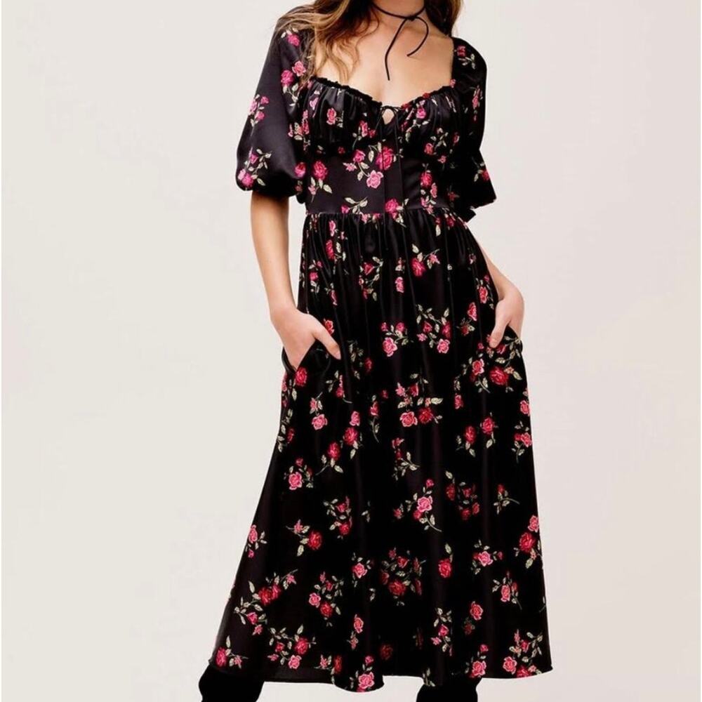 For Love & Lemons Rosie Floral Midi Dress Black Pink Size 1X Plus NWT